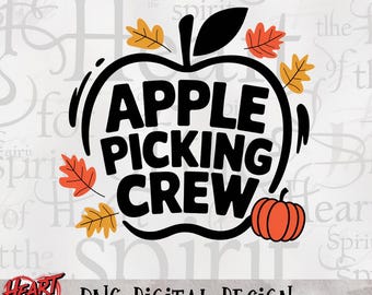 May include: A black and white graphic design of an apple with the text "Apple Picking Crew" inside. The apple is surrounded by fall leaves and a small orange pumpkin.