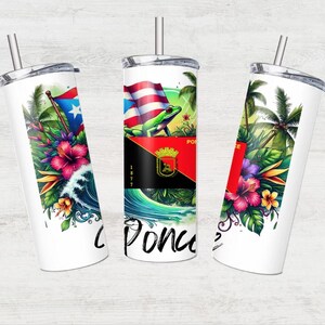 May include: Three white stainless steel tumblers with lids and straws. Each tumbler features a different design: one with a tropical floral pattern, one with a Puerto Rican flag and a green frog, and one with a tropical palm tree pattern.