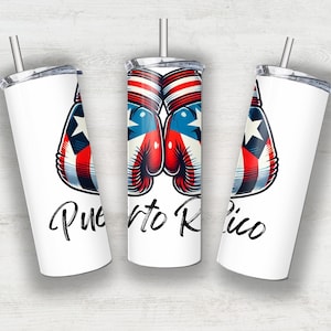 May include: Three white stainless steel tumblers with lids and straws. Each tumbler features a graphic of boxing gloves with the Puerto Rican flag colors. The text "Puerto Rico" is printed on the tumblers.