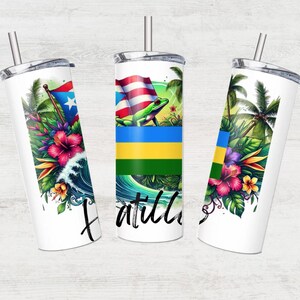 May include: Three white stainless steel tumblers with lids and straws. Each tumbler features a different design: a tropical scene with palm trees and flowers, a green frog on a wave with a Puerto Rican flag, and a tropical scene with a wave and flowers. The tumblers have the text "Fatull" printed on them.