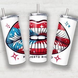 May include: Three white stainless steel tumblers with lids and straws. Each tumbler features a red, white and blue lips design with glitter accents. The text "PUERTO RICO" is printed on the middle tumbler.