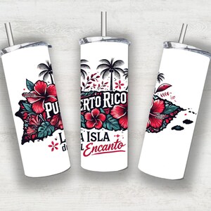 May include: Three white stainless steel tumblers with lids and straws. Each tumbler features a colourful design of the island of Puerto Rico with red hibiscus flowers, palm trees, and the text "Puerto Rico, La Isla del Encanto".