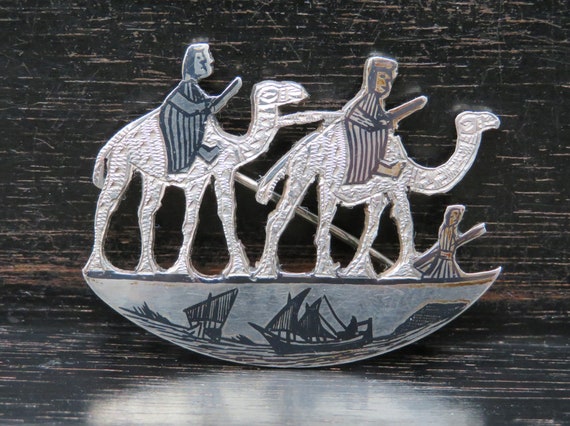 Silver Niello Egyptian Camel Brooch, Art Deco Era… - image 2