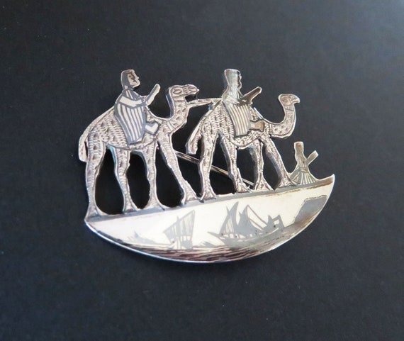 Silver Niello Egyptian Camel Brooch, Art Deco Era… - image 3