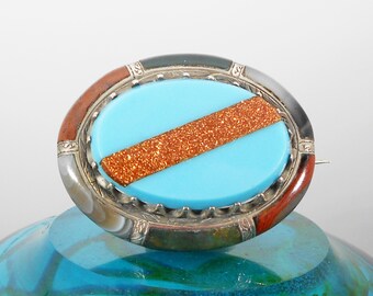 Unusual Victorian Scottish Agate Silver Brooch with Goldstone, 1800s, & Turquoise Glass