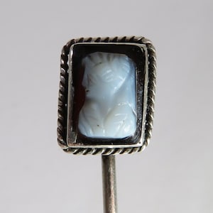 Antique Silver Cameo Stick Pin, Carved Stone Victorian Lapel Pin, with Lady&#39;s Head