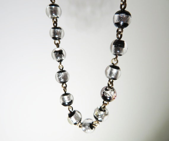 Vintage Foiled Glass Bead Necklace, Murano Black … - image 2