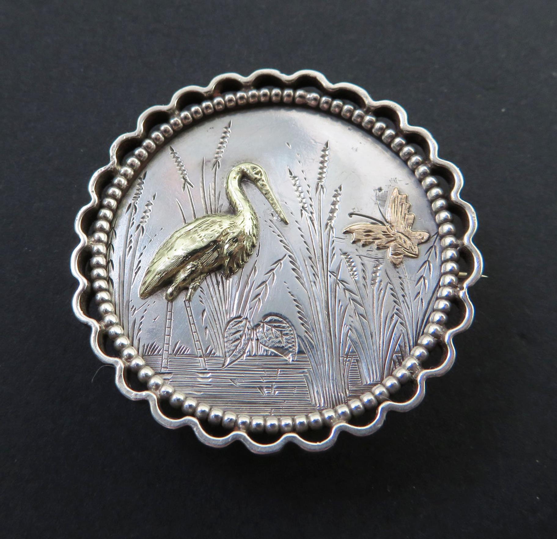 Pretty Victorian Silver Bird Brooch, Pond Scene with Butterfly