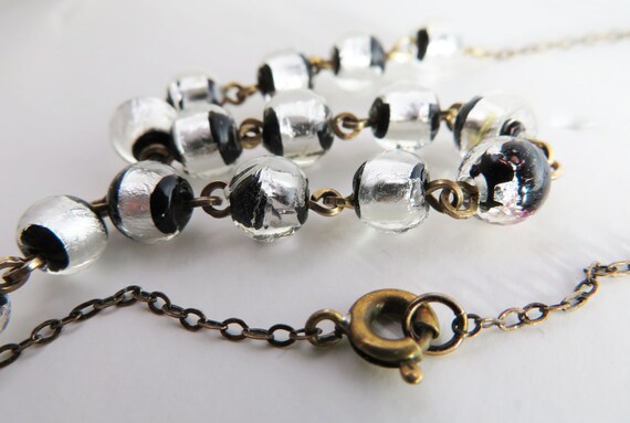 Vintage Foiled Glass Bead Necklace, Murano Black … - image 5