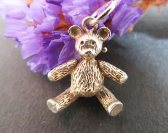 Solid Silver Teddy Bear Charm, Vintage Sitting Bear Pendant, Textured Detail