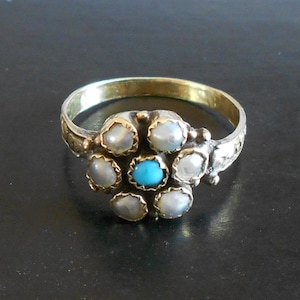 Antique Georgian Gold Daisy Ring, Seed Pearls & Turquoise Gemstone, Size N / 6.75