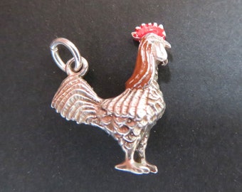 Vintage Painted Sterling Silver Cockerel Charm, Rare