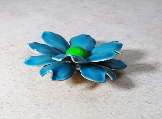Large Vintage Blue Enamel Flower Brooch, Pin, 197… - image 3