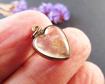 Vintage Glass Heart Pendant with Lucky Shamrock, Heart Charm