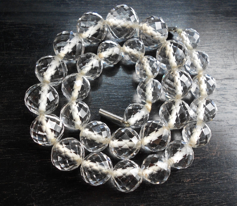 Antique Glass Necklace Victorian Crystal Beads With Silver Fern Clasp Facetted Clear Beads