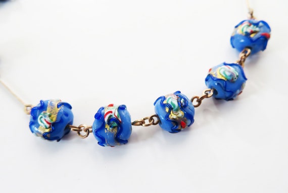 Vintage Murano Blue Glass Bead Necklace, Trailed Glass Hand Made Beads