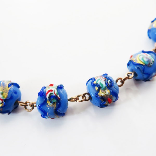 Vintage Murano Blue Glass Bead Necklace, Trailed Glass Hand Made Beads