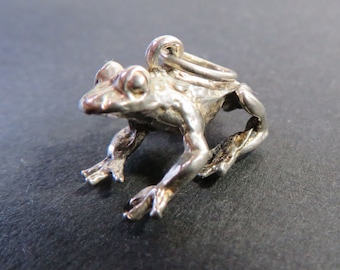 May include: A silver frog charm with a detailed design. The frog is sitting on its hind legs with its front legs outstretched. The charm has a loop at the top for attaching to a necklace or bracelet.