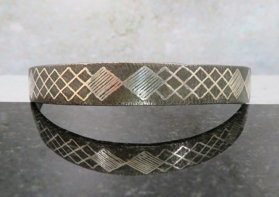 Vintage Silver Wire Inlaid Steel Bangle, Handmade - image 4
