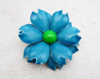 Large Vintage Blue Enamel Flower Brooch, Pin, 1970s Bold Costume Jewellery