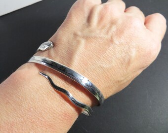 Silver Snake Cuff Bracelet, Hand Crafted Niello, 1940s Signed Marsh Arab Jewelry