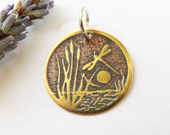 Japanese Style Dragonfly Over Pond Pendant
