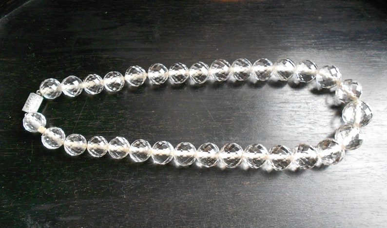 Antique Glass Necklace Victorian Crystal Beads With Silver Fern Clasp Facetted Clear Beads