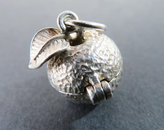 Rare Vintage Silver Apple Opening Charm with Worm Inside