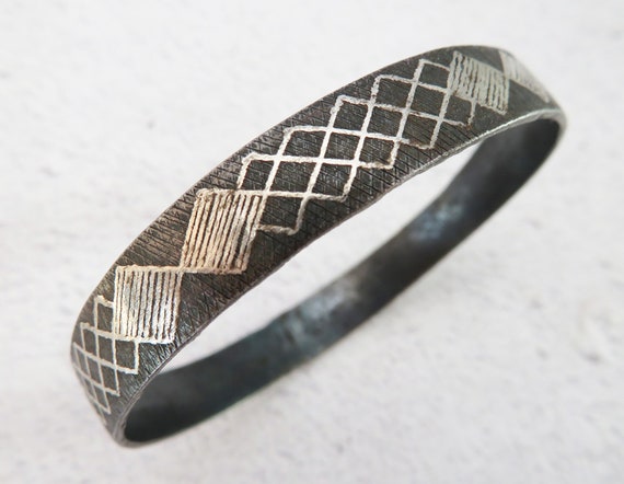 Vintage Silver Wire Inlaid Steel Bangle, Handmade - image 1
