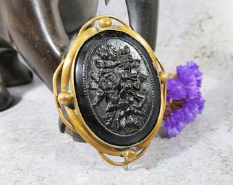 Broche conmemorativo negro victoriano, gran broche de luto, década de 1800