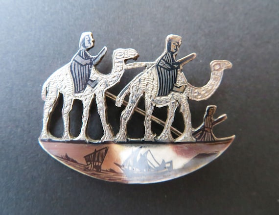 Silver Niello Egyptian Camel Brooch, Art Deco Era… - image 1