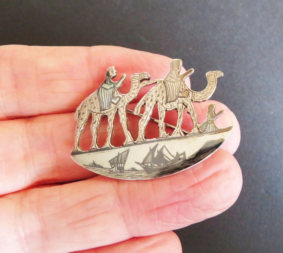 Silver Niello Egyptian Camel Brooch, Art Deco Era… - image 4