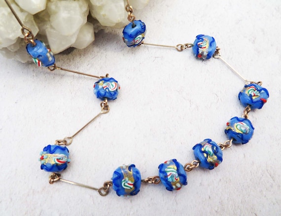 Collier Perles De Verre Murano Vintage - Bleuté/Cuivré, Années 70