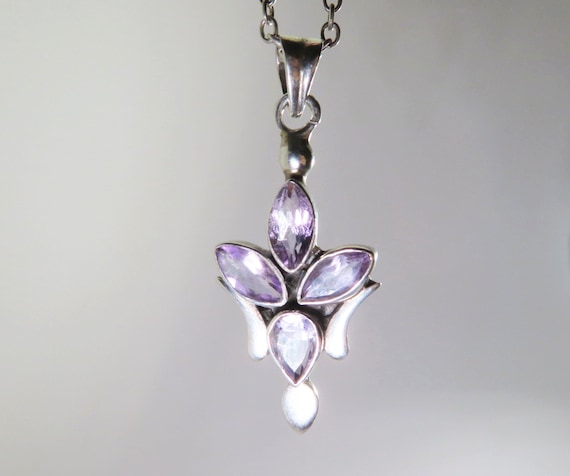 Amethyst Flower Pendant Necklace, Silver Chain, 1980s Necklace