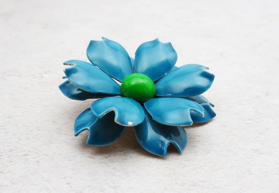 Large Vintage Blue Enamel Flower Brooch, Pin, 197… - image 2