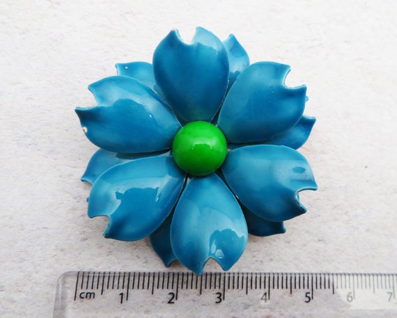 Large Vintage Blue Enamel Flower Brooch, Pin, 197… - image 5