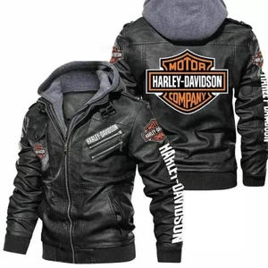 Blouson de moto en cuir Harley Davidson - Cuir à capuche noir pour hommes en 2025 / Blouson en cuir véritable est un cadeau parfait pour toute personne spéciale