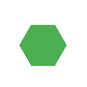 May include: A solid, flat, green hexagon shape centered on a plain white background. The geometric figure features six equal sides and six interior angles, presenting a clean, uniform, and symmetrical appearance with no additional patterns or textures.
