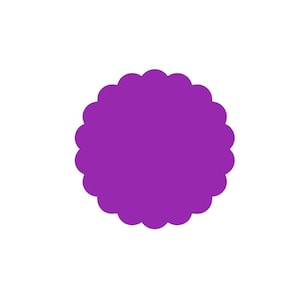 May include: A solid purple circle with a scalloped edge. The shape is perfectly symmetrical and features a continuous series of rounded, semi-circular indentations along its entire perimeter, creating a decorative, wavy border around the center.