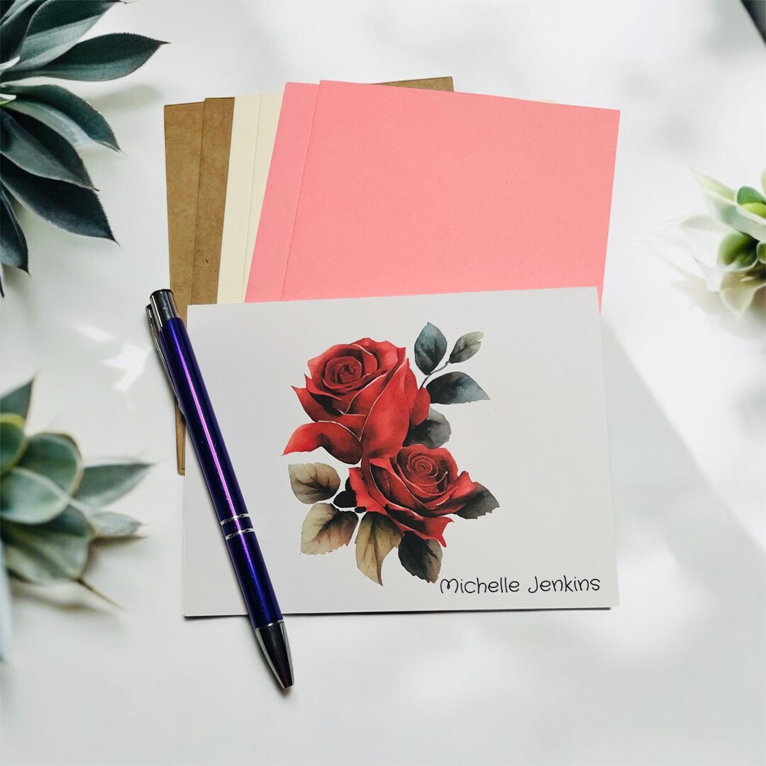 Personalized Red Rose Note Cards: Elegant Stationery Set - Etsy