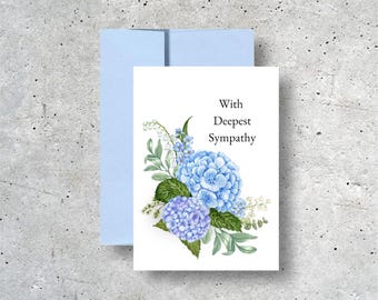 Blue Hydrangea With Deepest Sympathy Card, A2 Size Floral Sympathy Card, Blank Inside Card With Envelope