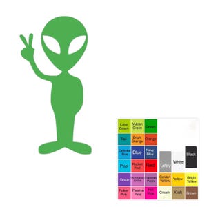 May include: A green alien silhouette with large eyes and a peace sign hand gesture. A color palette with color names like "Lime Green", "Red", and "Black" is in the lower right corner. The alien is on a white background.