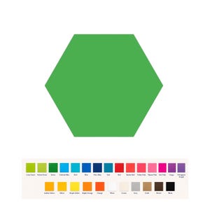 May include: A solid green hexagon shape centered above a color chart. The chart displays thirty-two small colored squares with corresponding labels including Lime Green, Vulcan Green, Green, Colonial Blue, Teal, Red, Rocket Red, and Black.
