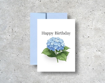 Blue Hydrangea Happy Birthday Card, A2 Size Floral Birthday Card, Blank Inside Card With Envelope