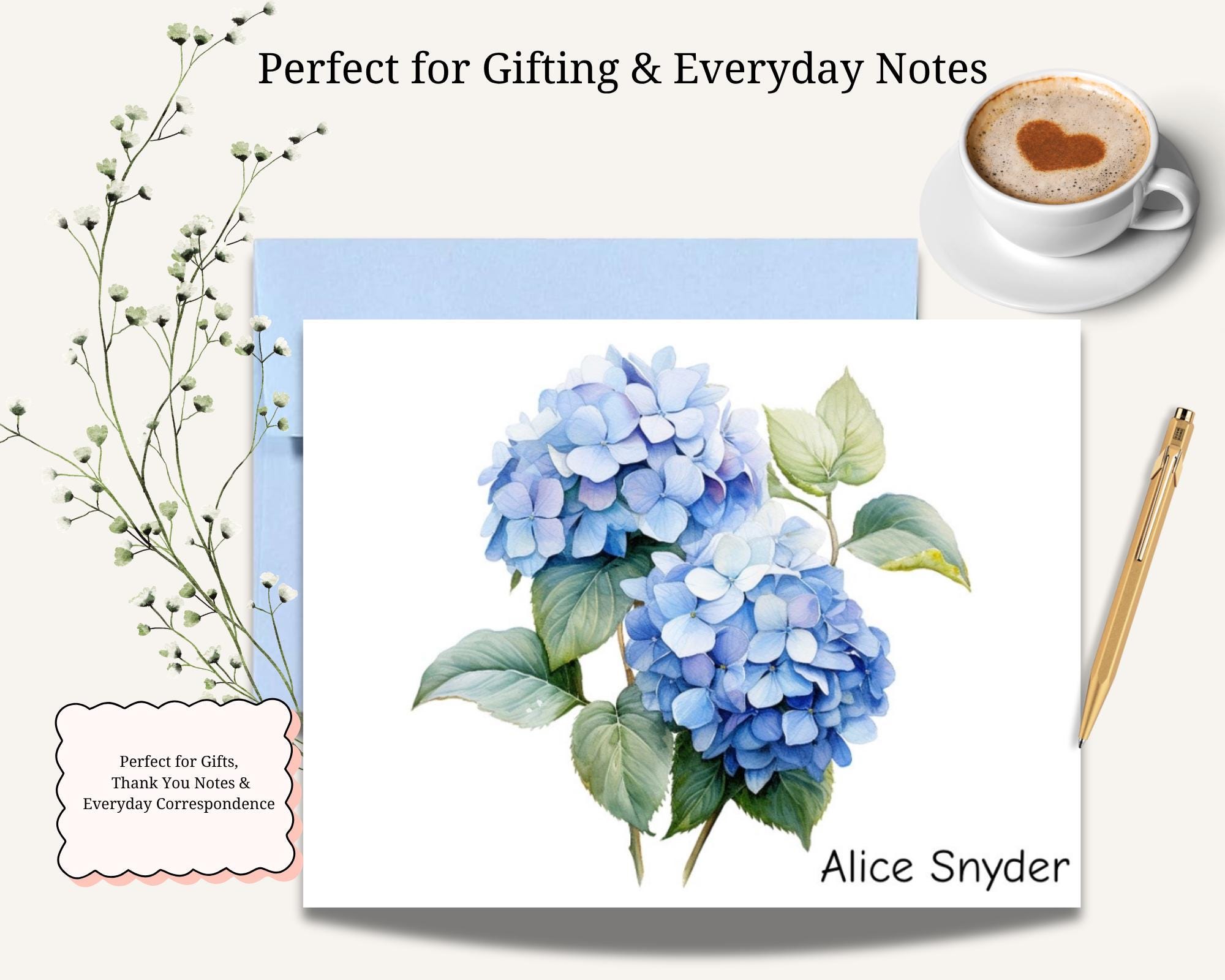 Personalized Hydrangea Note Cards, A2 Folded Floral Stationery Set