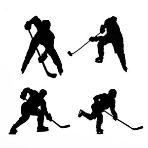 May include: Silhouettes of four hockey players in action. Each player is holding a hockey stick and is in a different position on the ice.
