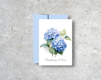 Blue Hydrangea Thinking of You Card, A2 Size Floral Sympathy Greeting Card, Blank Inside Card With Envelope