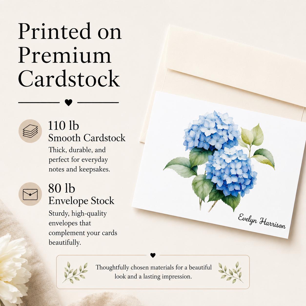 Personalized Hydrangea Note Cards, A2 Folded Floral Stationery Set