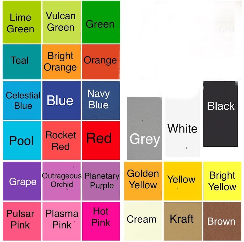 Peut inclure: Un nuancier avec 36 &eacute;chantillons de couleurs diff&eacute;rentes. Les couleurs sont dispos&eacute;es en lignes et en colonnes. Les couleurs comprennent le vert lime, le bleu sarcelle, le bleu c&eacute;leste, le bleu piscine, le violet, le rose pulsar, le vert volcan, l'orange vif, le bleu, le rouge fus&eacute;e, l'orchid&eacute;e extravagante, le rose plasma, le vert, l'orange, le bleu marine, le rouge, le violet plan&eacute;taire, le rose chaud, le jaune dor&eacute;, le jaune, le jaune vif, le gris, le blanc, le noir, la cr&egrave;me, le kraft, le marron.