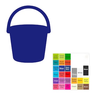 May include: A dark blue bucket with a curved handle. A color palette with various color swatches, including red, blue, green, and yellow, is in the lower right corner. The bucket is a simple, solid shape.